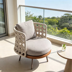 SOLARA Nordic Outdoor Lounge Chair Imported Teak Frame Hand-Woven Rope Waterproof Cushion for Patio Balcony Garden - Beige