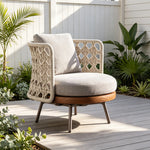 SOLARA Nordic Outdoor Lounge Chair Imported Teak Frame Hand-Woven Rope Waterproof Cushion for Patio Balcony Garden - Beige