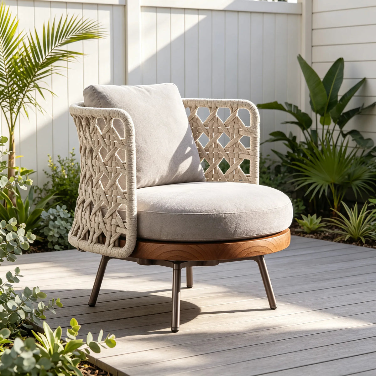 SOLARA Nordic Outdoor Lounge Chair Imported Teak Frame Hand-Woven Rope Waterproof Cushion for Patio Balcony Garden - Beige