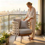 SOLARA Nordic Outdoor Lounge Chair Imported Teak Frame Hand-Woven Rope Waterproof Cushion for Patio Balcony Garden - Beige