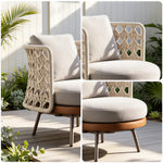 SOLARA Nordic Outdoor Lounge Chair Imported Teak Frame Hand-Woven Rope Waterproof Cushion for Patio Balcony Garden - Beige