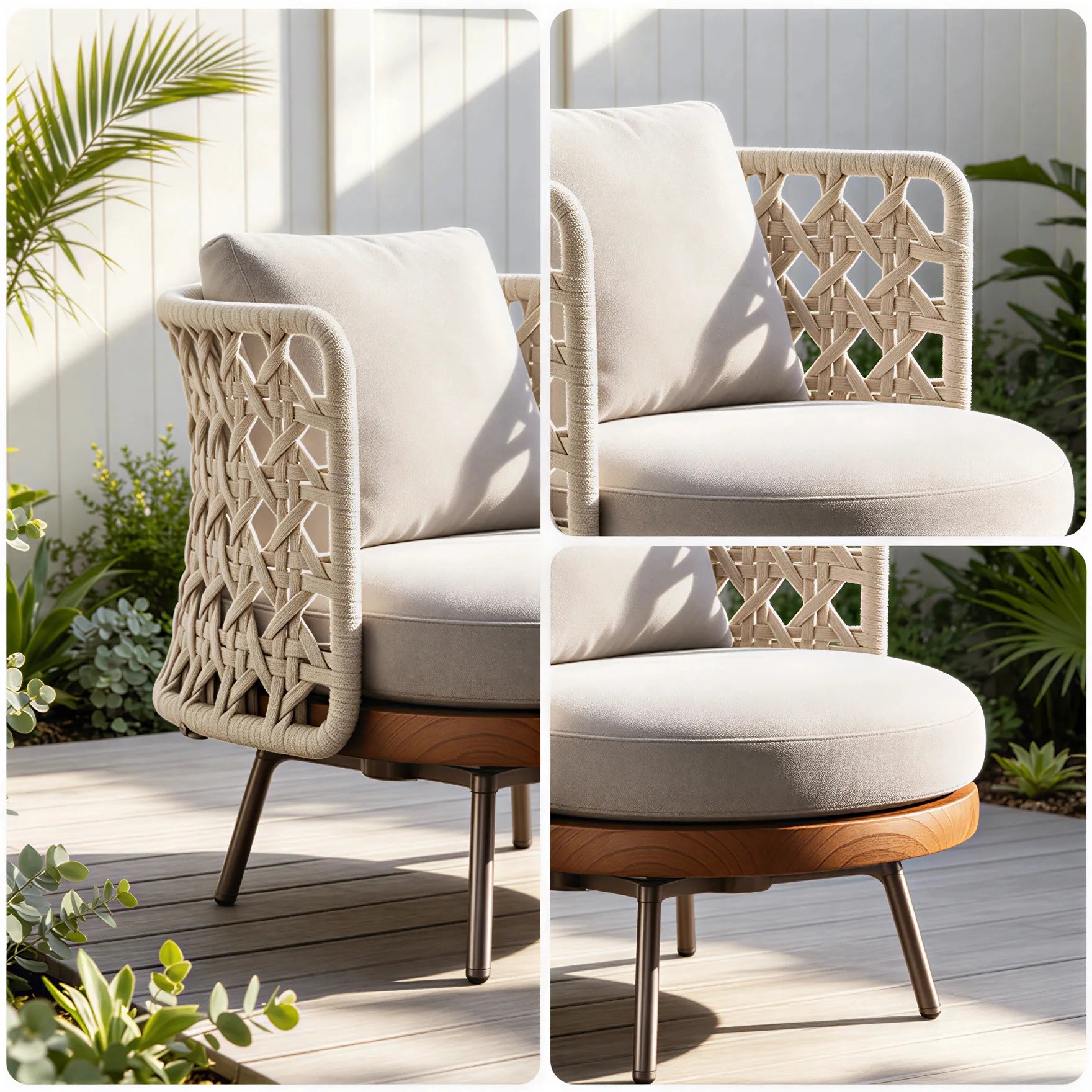 SOLARA Nordic Outdoor Lounge Chair Imported Teak Frame Hand-Woven Rope Waterproof Cushion for Patio Balcony Garden - Beige