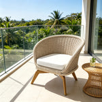 SOLARA Nordic Outdoor Lounge Chair Hand-Woven Rattan Teak Frame Waterproof Cushion for Patio Balcony Garden - Beige