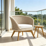 SOLARA Nordic Outdoor Lounge Chair Hand-Woven Rattan Teak Frame Waterproof Cushion for Patio Balcony Garden - Beige
