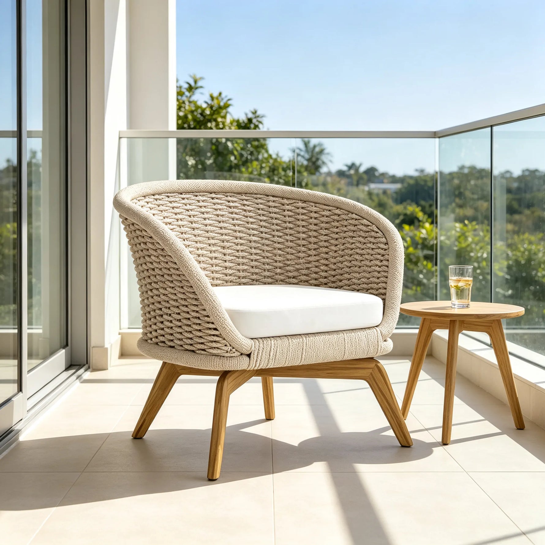 SOLARA Nordic Outdoor Lounge Chair Hand-Woven Rattan Teak Frame Waterproof Cushion for Patio Balcony Garden - Beige