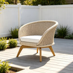 SOLARA Nordic Outdoor Lounge Chair Hand-Woven Rattan Teak Frame Waterproof Cushion for Patio Balcony Garden - Beige