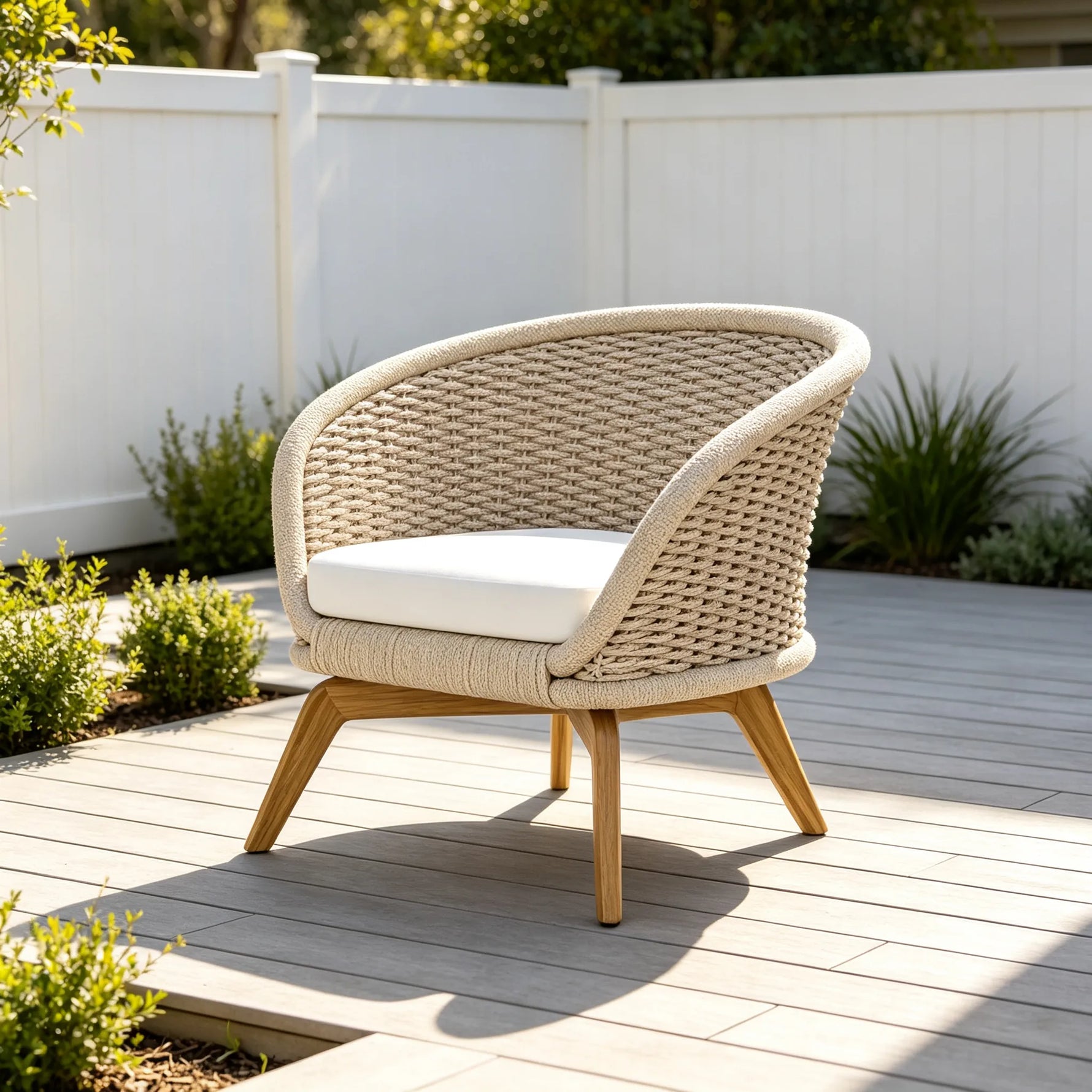 SOLARA Nordic Outdoor Lounge Chair Hand-Woven Rattan Teak Frame Waterproof Cushion for Patio Balcony Garden - Beige
