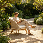 SOLARA Nordic Outdoor Lounge Chair Hand-Woven Rattan Teak Frame Waterproof Cushion for Patio Balcony Garden - Beige