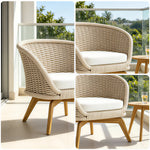 SOLARA Nordic Outdoor Lounge Chair Hand-Woven Rattan Teak Frame Waterproof Cushion for Patio Balcony Garden - Beige