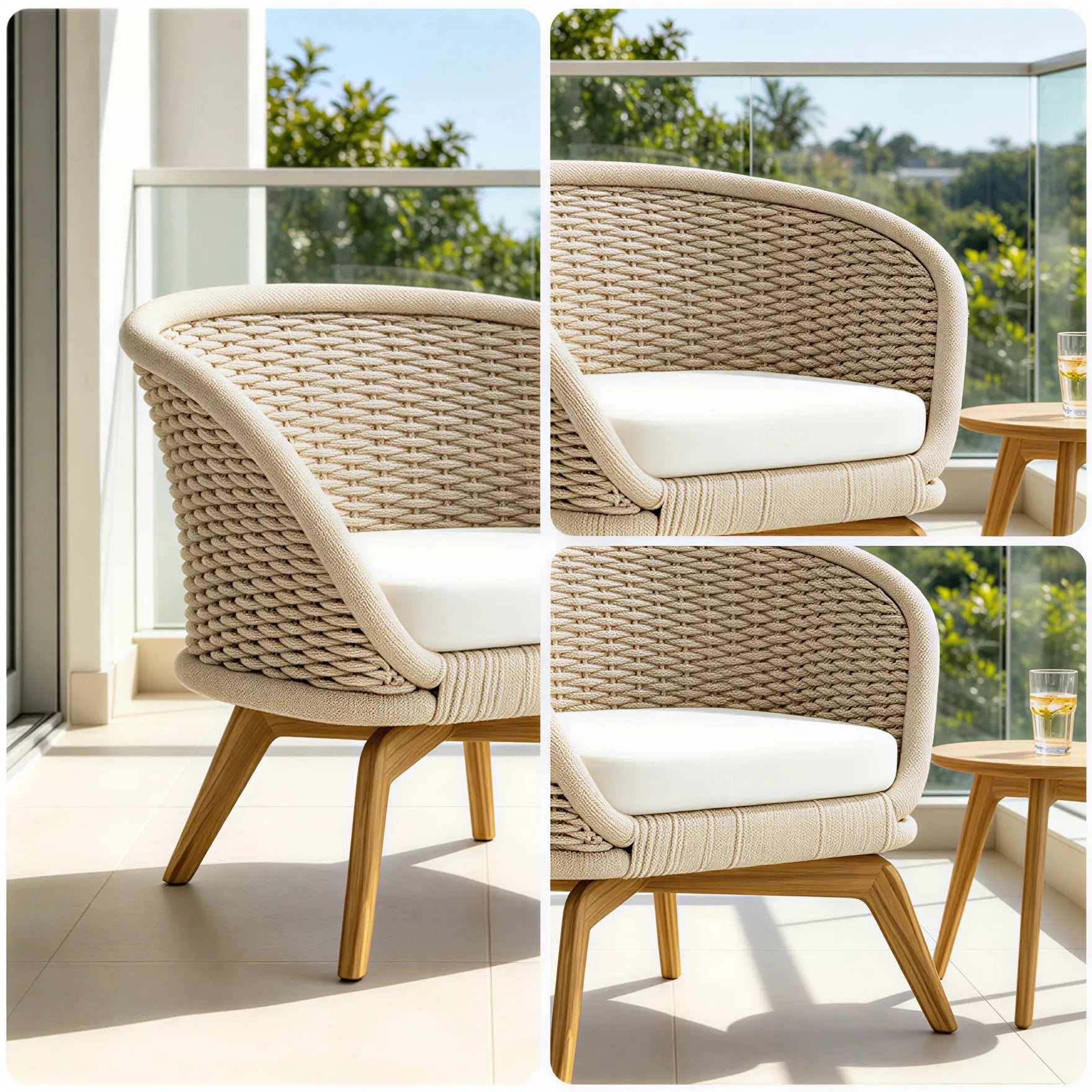 SOLARA Nordic Outdoor Lounge Chair Hand-Woven Rattan Teak Frame Waterproof Cushion for Patio Balcony Garden - Beige