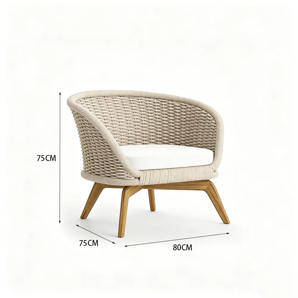 SOLARA Nordic Outdoor Lounge Chair Hand-Woven Rattan Teak Frame Waterproof Cushion for Patio Balcony Garden - Beige