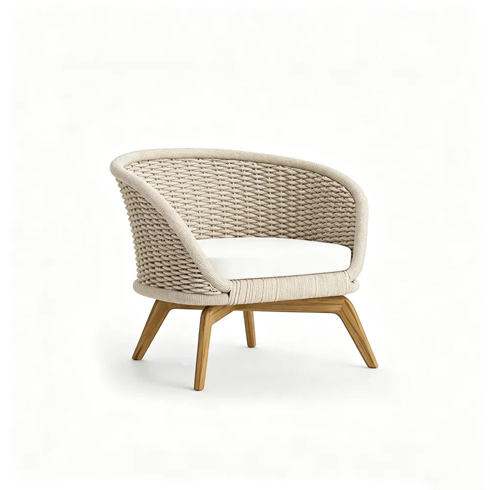 SOLARA Nordic Outdoor Lounge Chair Hand-Woven Rattan Teak Frame Waterproof Cushion for Patio Balcony Garden - Beige