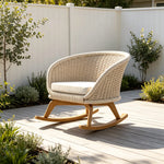 SOLARA Nordic Outdoor Rattan Rocking Chair Hand-Woven Rattan Teak Frame Waterproof Cushion for Patio Balcony Garden - Beige