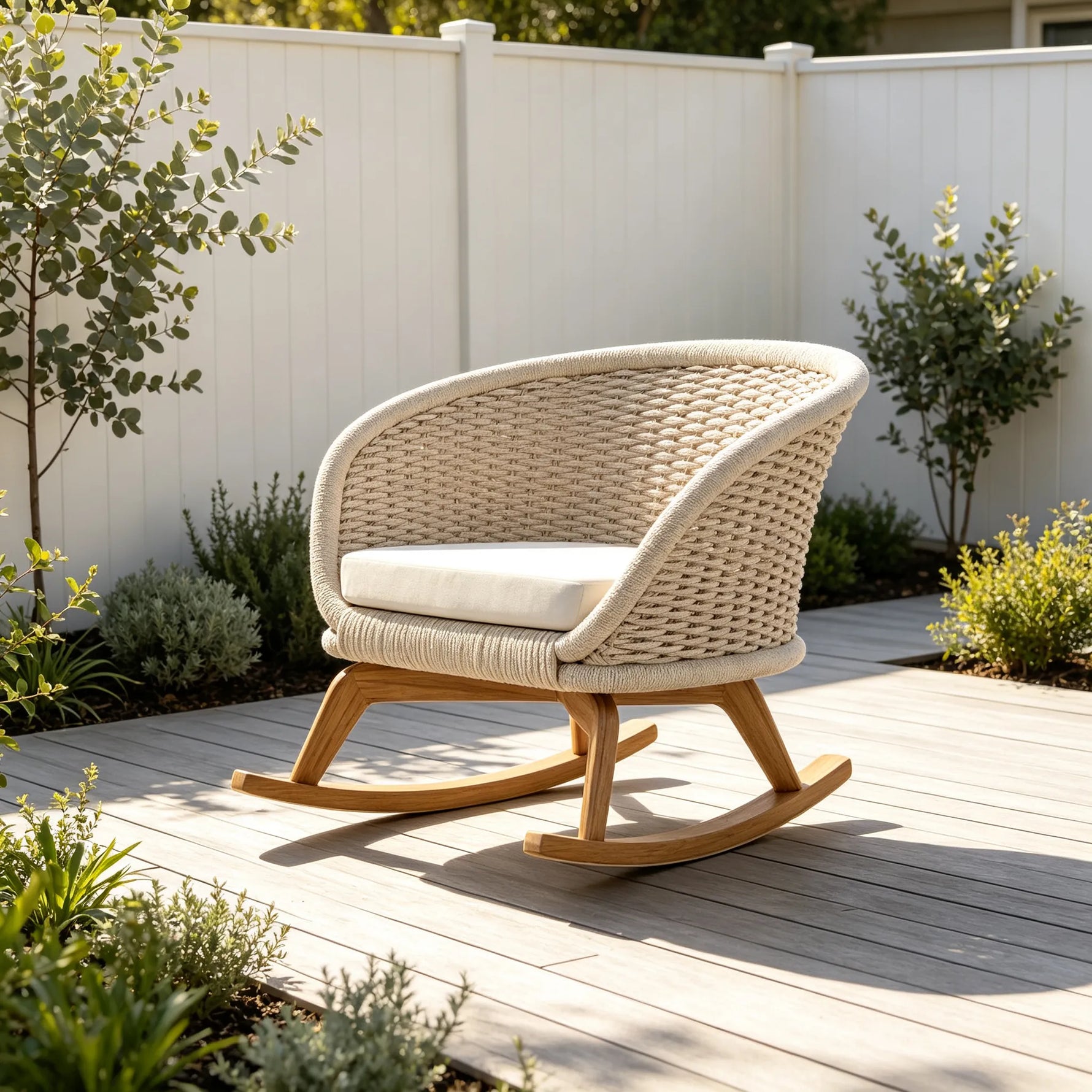 SOLARA Nordic Outdoor Rattan Rocking Chair Hand-Woven Rattan Teak Frame Waterproof Cushion for Patio Balcony Garden - Beige