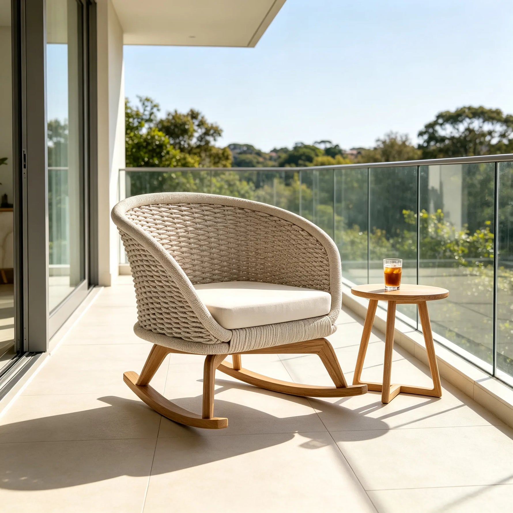 SOLARA Nordic Outdoor Rattan Rocking Chair Hand-Woven Rattan Teak Frame Waterproof Cushion for Patio Balcony Garden - Beige