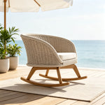SOLARA Nordic Outdoor Rattan Rocking Chair Hand-Woven Rattan Teak Frame Waterproof Cushion for Patio Balcony Garden - Beige
