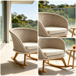 SOLARA Nordic Outdoor Rattan Rocking Chair Hand-Woven Rattan Teak Frame Waterproof Cushion for Patio Balcony Garden - Beige