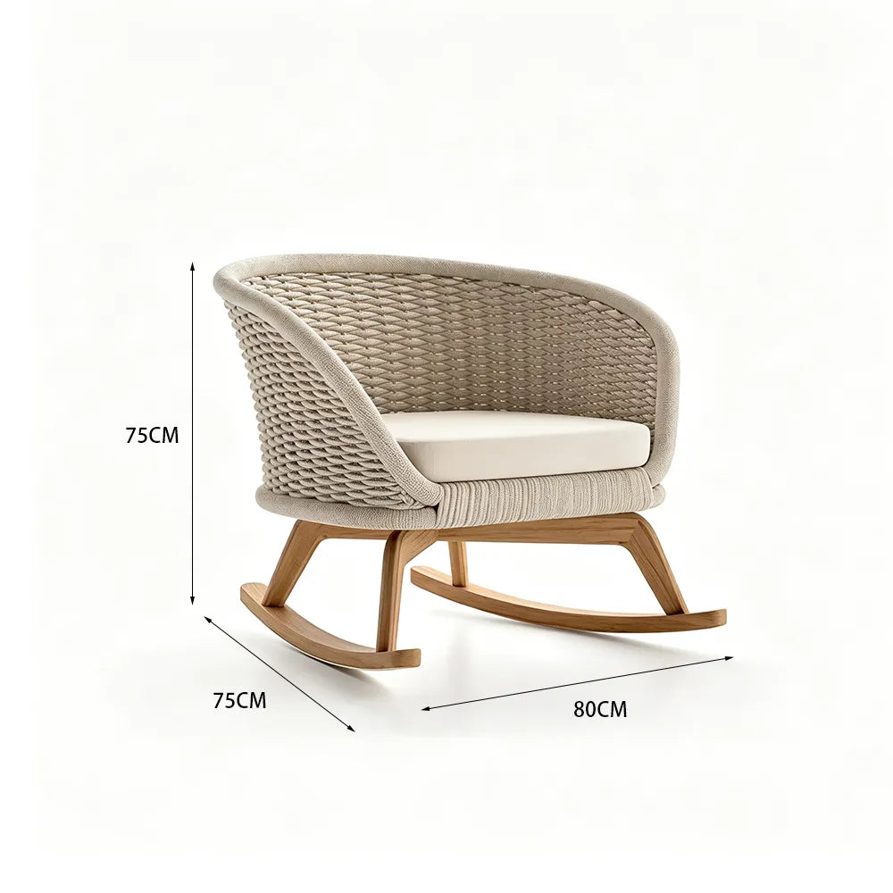 SOLARA Nordic Outdoor Rattan Rocking Chair Hand-Woven Rattan Teak Frame Waterproof Cushion for Patio Balcony Garden - Beige