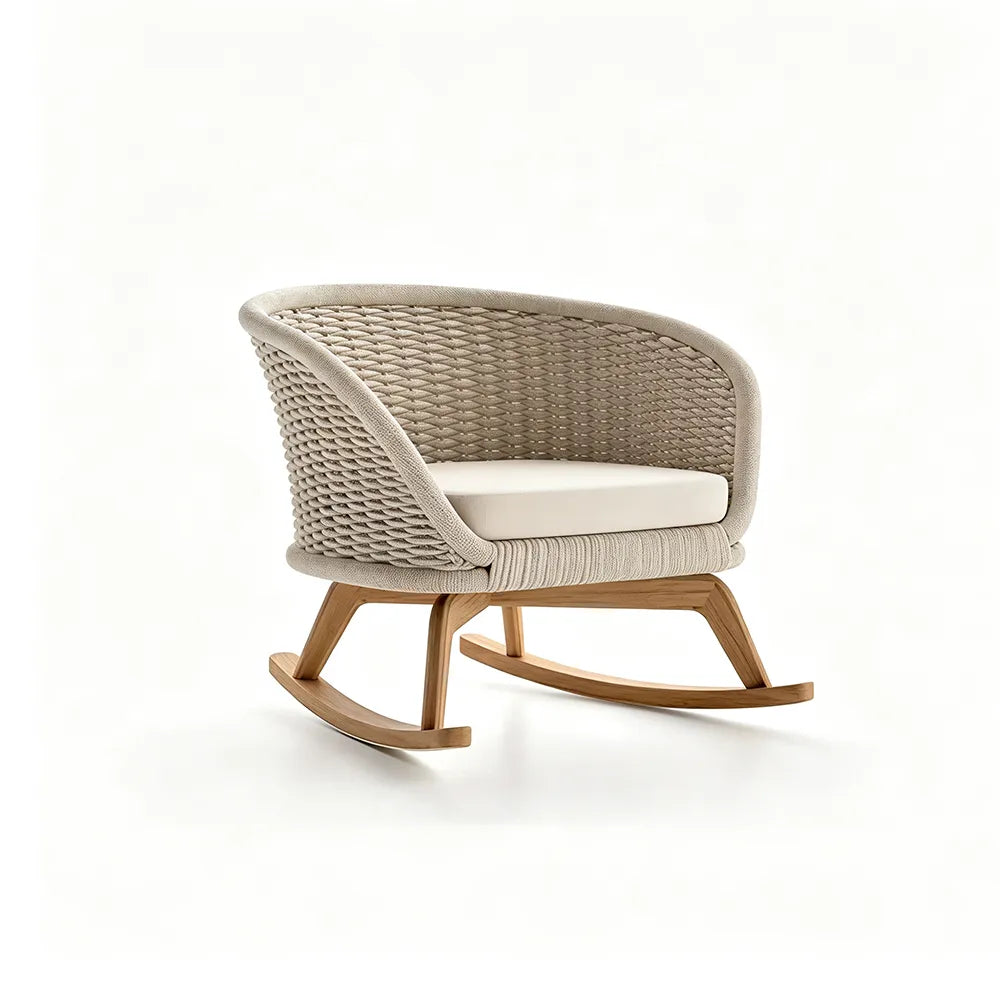 SOLARA Nordic Outdoor Rattan Rocking Chair Hand-Woven Rattan Teak Frame Waterproof Cushion for Patio Balcony Garden - Beige