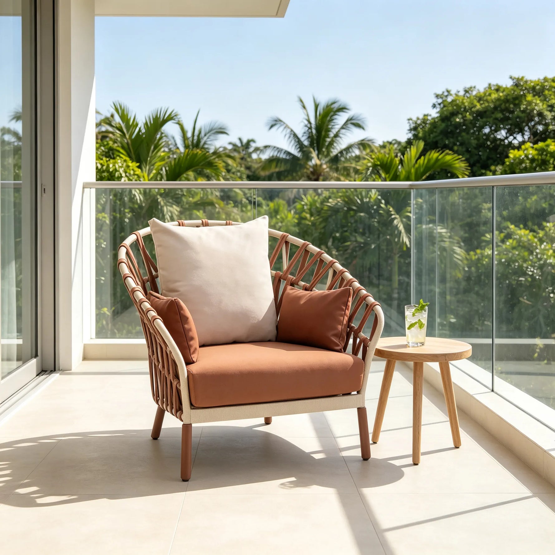 SOLARA Nordic Outdoor Lounge Chair Hand-Woven Hemp Rope Aluminium Frame Waterproof Cushions for Patio Poolside Garden - Terracotta