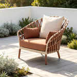 SOLARA Nordic Outdoor Lounge Chair Hand-Woven Hemp Rope Aluminium Frame Waterproof Cushions for Patio Poolside Garden - Terracotta