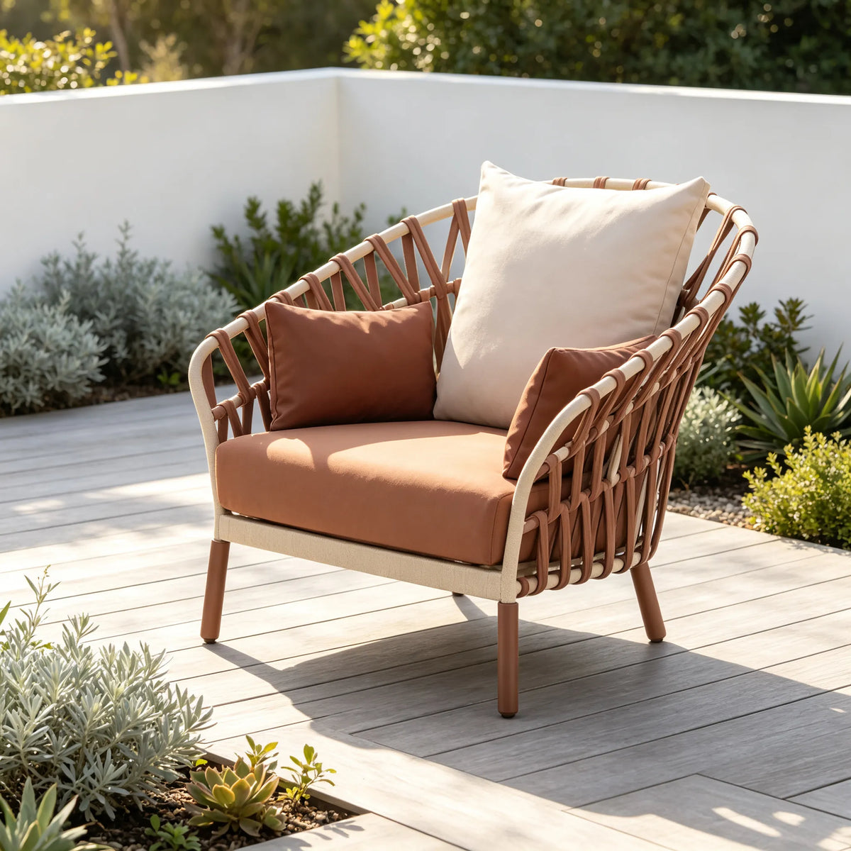 SOLARA Nordic Outdoor Lounge Chair Hand-Woven Hemp Rope Aluminium Frame Waterproof Cushions for Patio Poolside Garden - Terracotta