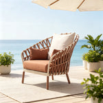 SOLARA Nordic Outdoor Lounge Chair Hand-Woven Hemp Rope Aluminium Frame Waterproof Cushions for Patio Poolside Garden - Terracotta
