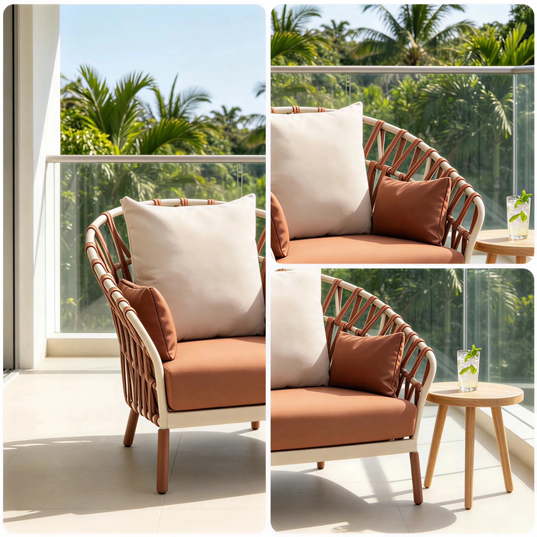 SOLARA Nordic Outdoor Lounge Chair Hand-Woven Hemp Rope Aluminium Frame Waterproof Cushions for Patio Poolside Garden - Terracotta