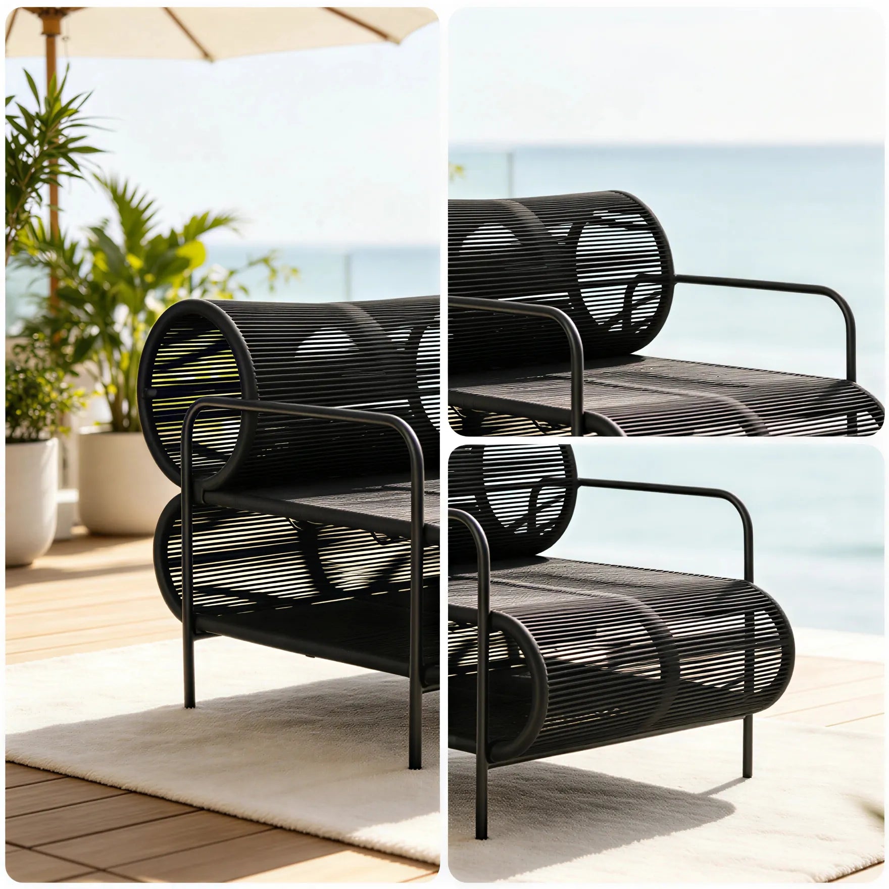 SOLARA Modern Outdoor Rattan Lounge Chair Hand-Woven Rattan Aluminium Frame for Patio Balcony Garden - Black