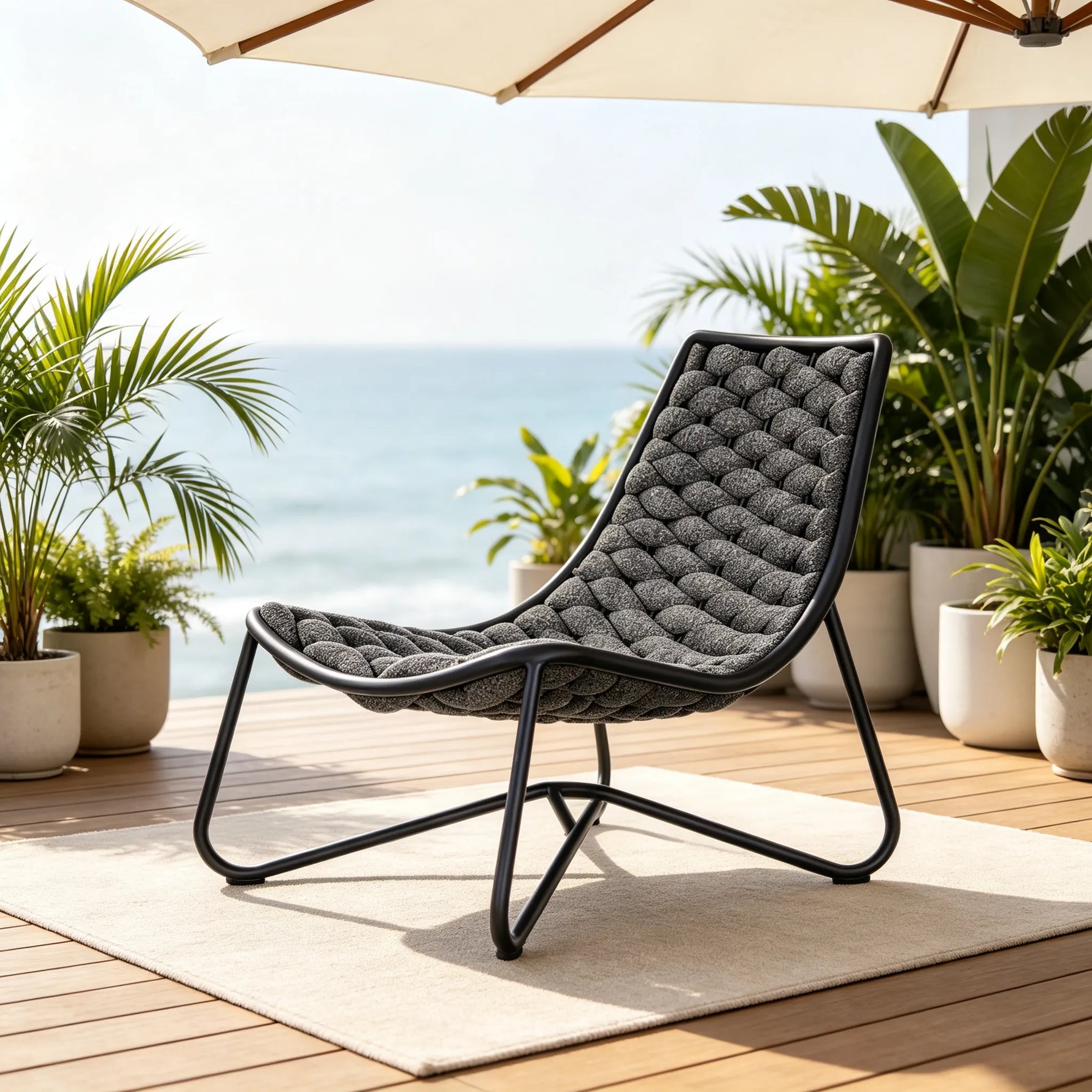 SOLARA Modern Outdoor Semi-Reclining Lounge Chair Olefin Rope Weaving Aluminium Frame for Patio Balcony Garden - Dark Grey