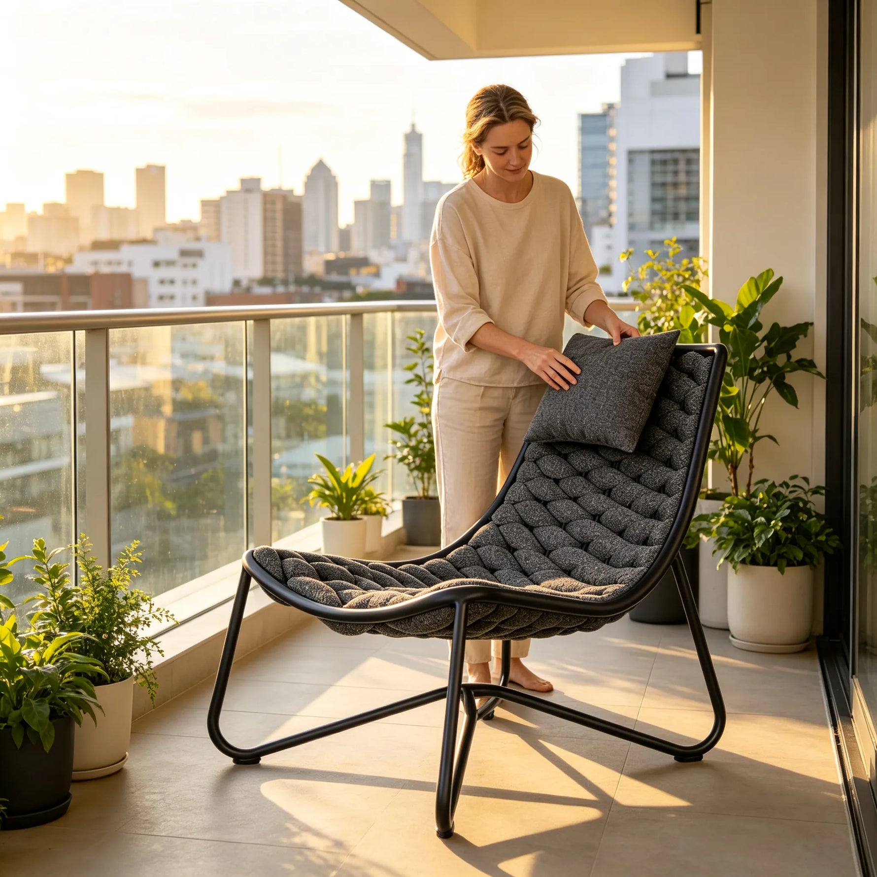 SOLARA Modern Outdoor Semi-Reclining Lounge Chair Olefin Rope Weaving Aluminium Frame for Patio Balcony Garden - Dark Grey