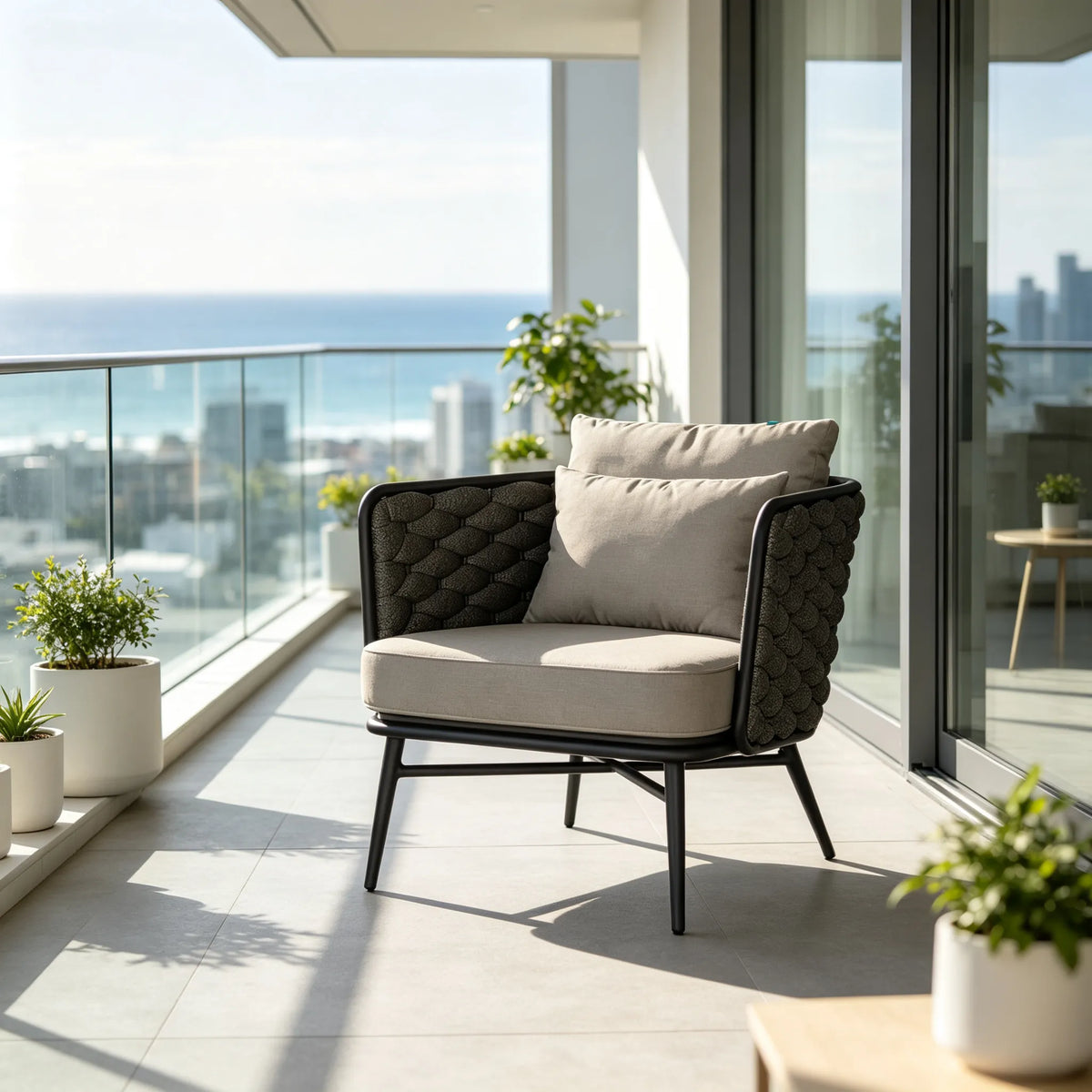 SOLARA Modern Outdoor Lounge Chair Olefin Rope Weaving Aluminium Frame Waterproof Cushions for Patio Balcony Garden - Taupe