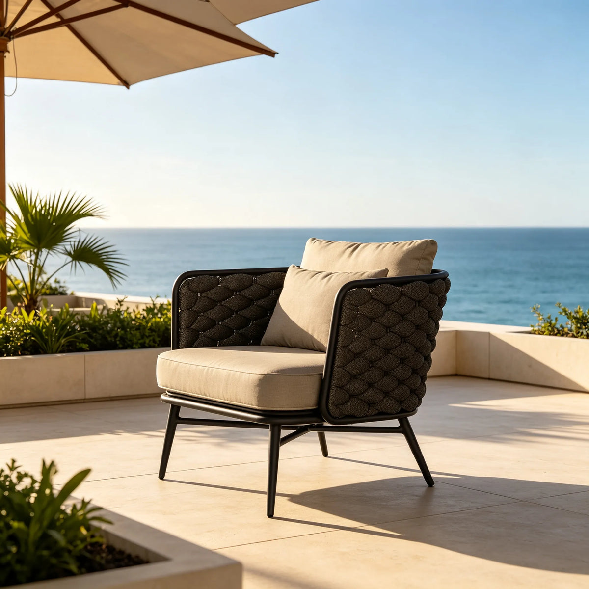 SOLARA Modern Outdoor Lounge Chair Olefin Rope Weaving Aluminium Frame Waterproof Cushions for Patio Balcony Garden - Taupe
