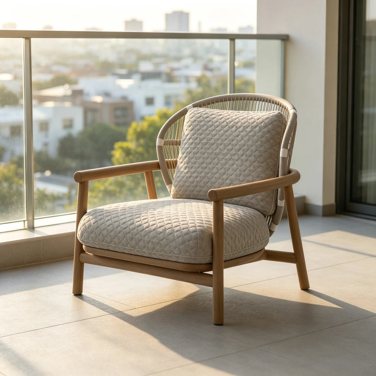 SOLARA Nordic Outdoor Low-Back Lounge Chair Aluminium Frame Wood-Grain Finish Woven Rope for Patio Balcony Garden - Beige