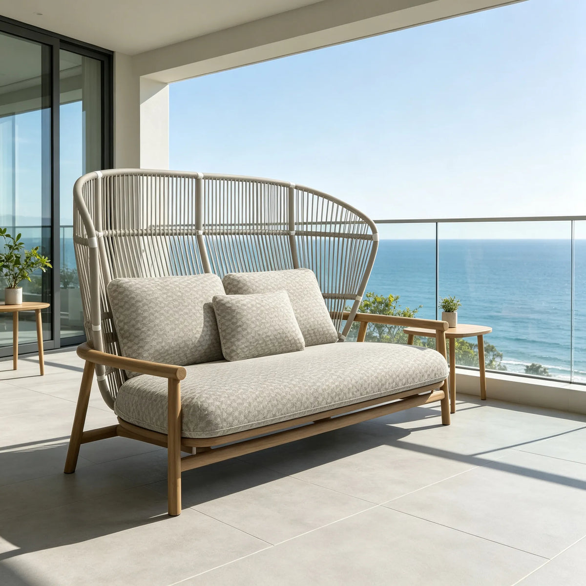 SOLARA Nordic Outdoor High-Back 2-Seater Sofa Aluminium Frame Wood-Grain Finish Woven Rope for Patio Balcony Garden - Beige