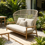 SOLARA Nordic Outdoor High-Back 2-Seater Sofa Aluminium Frame Wood-Grain Finish Woven Rope for Patio Balcony Garden - Beige