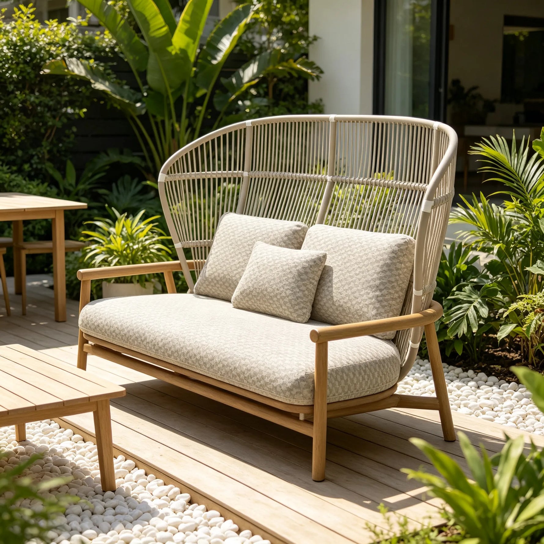 SOLARA Nordic Outdoor High-Back 2-Seater Sofa Aluminium Frame Wood-Grain Finish Woven Rope for Patio Balcony Garden - Beige