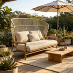 SOLARA Nordic Outdoor High-Back 2-Seater Sofa Aluminium Frame Wood-Grain Finish Woven Rope for Patio Balcony Garden - Beige