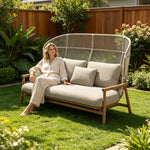 SOLARA Nordic Outdoor High-Back 2-Seater Sofa Aluminium Frame Wood-Grain Finish Woven Rope for Patio Balcony Garden - Beige