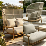 SOLARA Nordic Outdoor High-Back 2-Seater Sofa Aluminium Frame Wood-Grain Finish Woven Rope for Patio Balcony Garden - Beige