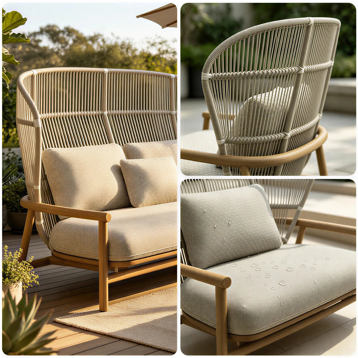 SOLARA Nordic Outdoor High-Back 2-Seater Sofa Aluminium Frame Wood-Grain Finish Woven Rope for Patio Balcony Garden - Beige