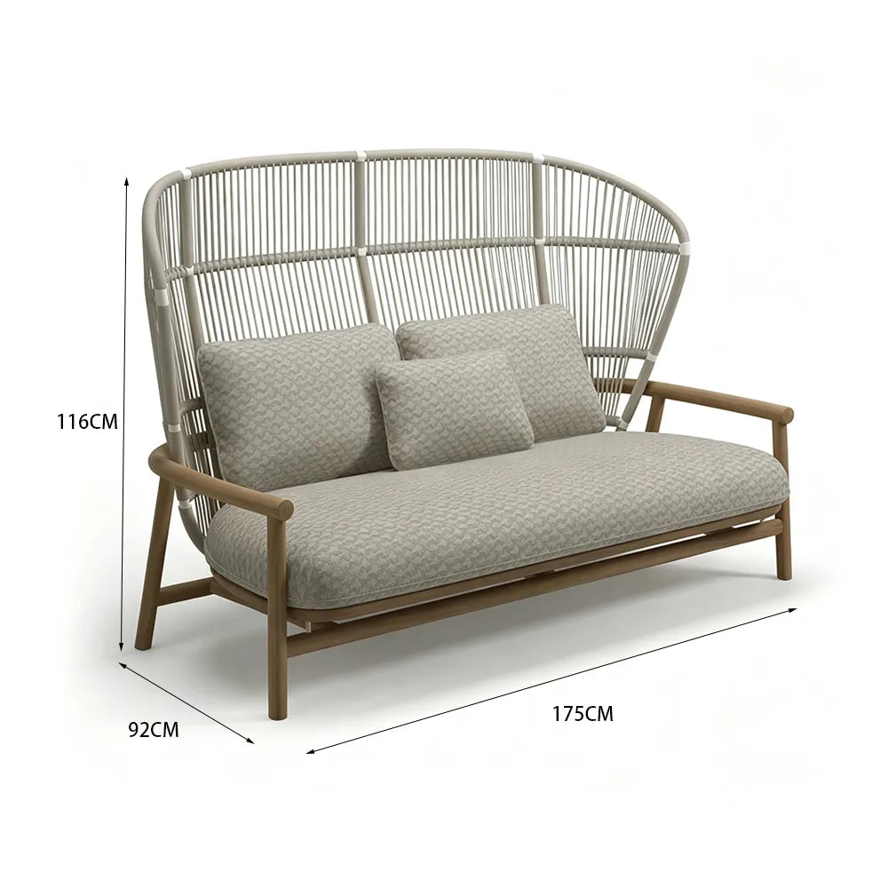 SOLARA Nordic Outdoor High-Back 2-Seater Sofa Aluminium Frame Wood-Grain Finish Woven Rope for Patio Balcony Garden - Beige
