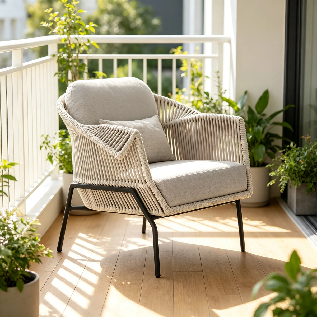 SOLARA Nordic Outdoor Lounge Chair Textilene Rope 2.0mm Aluminium Frame Waterproof Cushions for Patio Balcony Garden - White