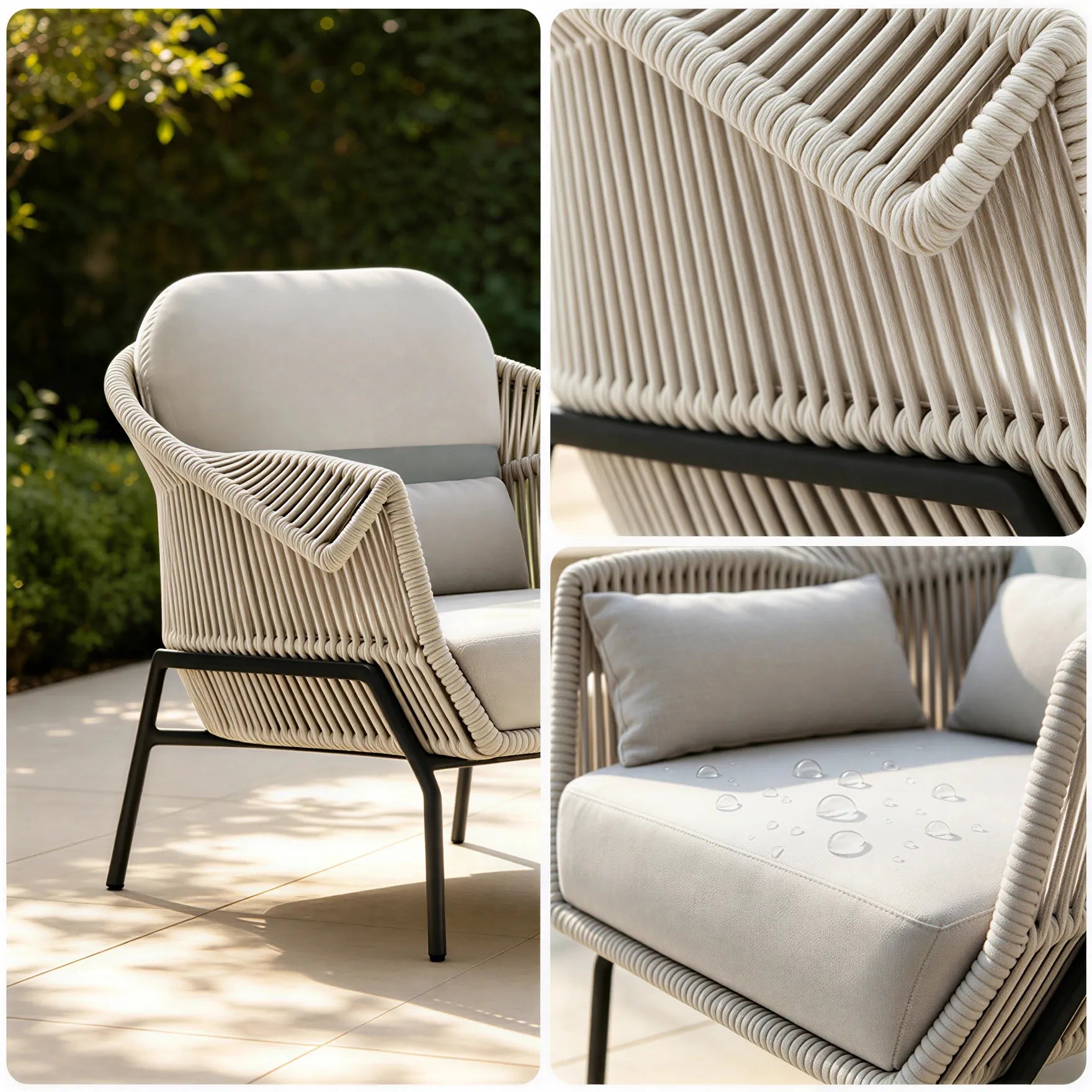 SOLARA Nordic Outdoor Lounge Chair Textilene Rope 2.0mm Aluminium Frame Waterproof Cushions for Patio Balcony Garden - White