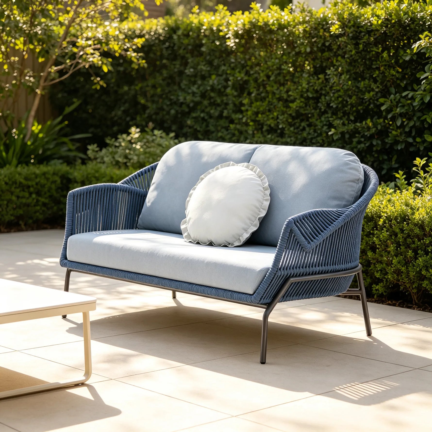 SOLARA Nordic Outdoor 2-Seater Sofa Textilene Rope 2.0mm Aluminium Frame Waterproof Cushions for Patio Balcony Garden - Blue