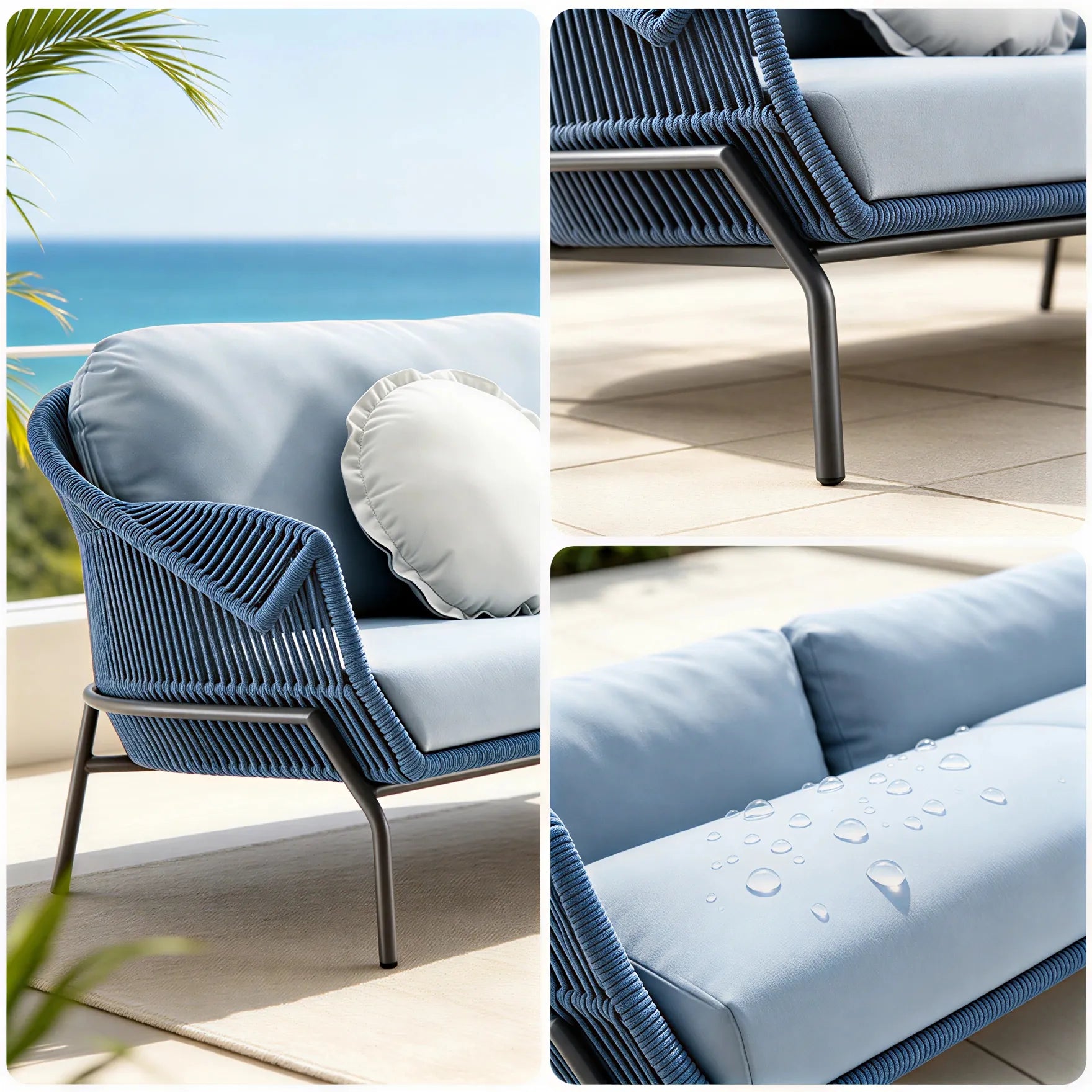 SOLARA Nordic Outdoor 2-Seater Sofa Textilene Rope 2.0mm Aluminium Frame Waterproof Cushions for Patio Balcony Garden - Blue