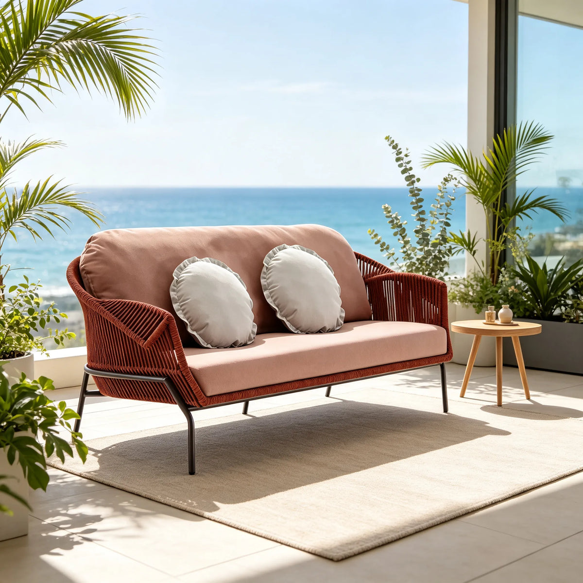 SOLARA Nordic Outdoor 3-Seater Sofa Textilene Rope 2.0mm Aluminium Frame Waterproof Cushions for Patio Balcony Garden - Terracotta