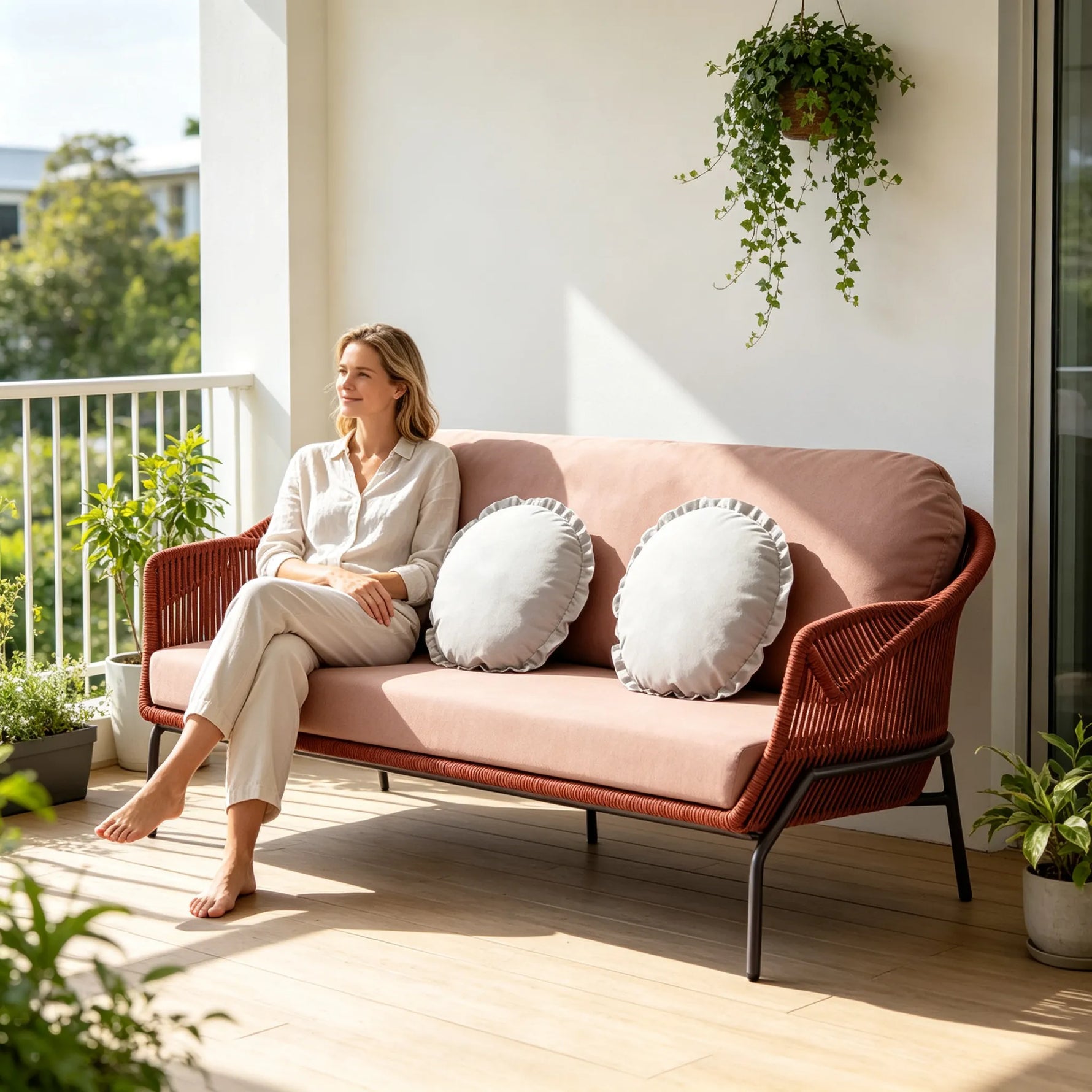 SOLARA Nordic Outdoor 3-Seater Sofa Textilene Rope 2.0mm Aluminium Frame Waterproof Cushions for Patio Balcony Garden - Terracotta