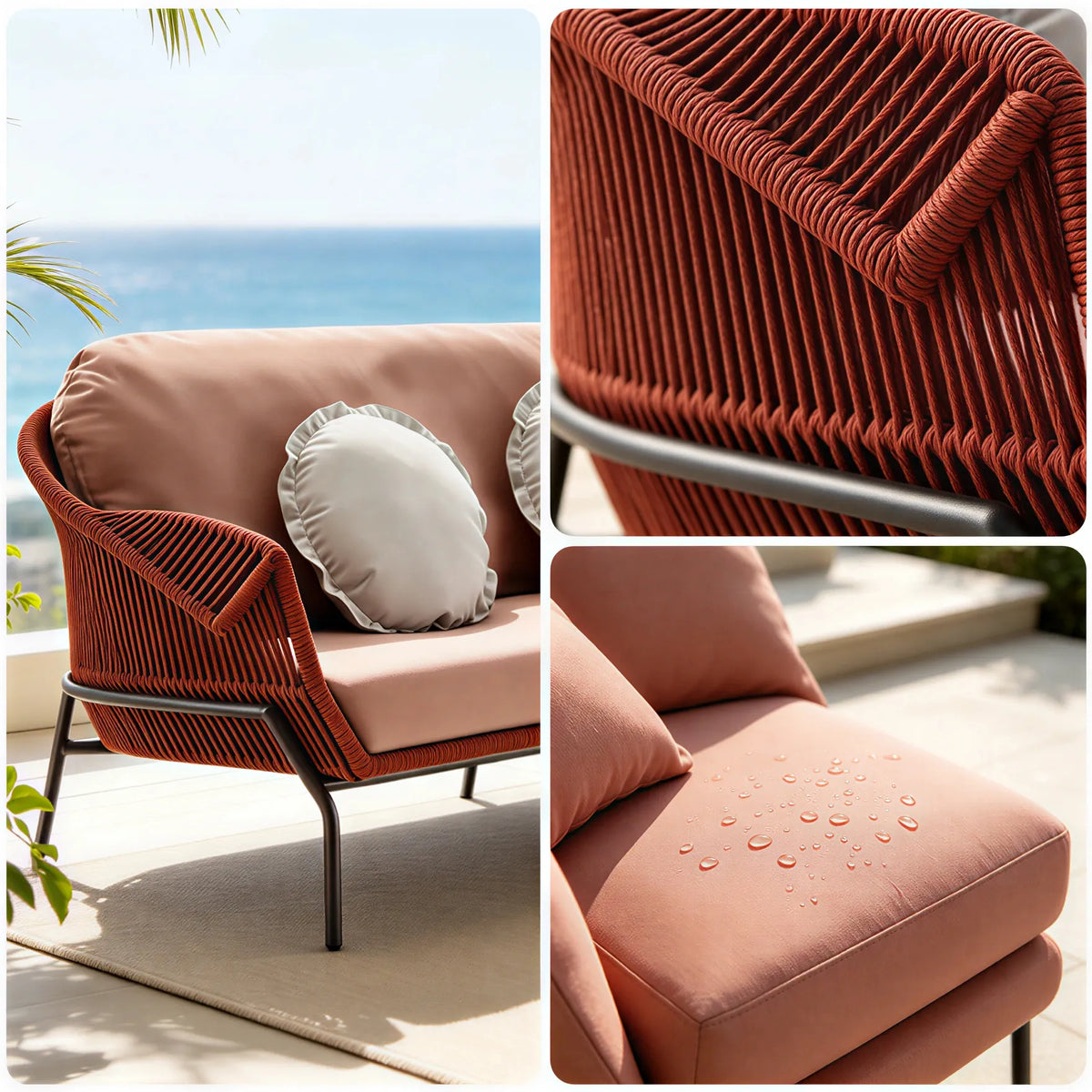 SOLARA Nordic Outdoor 3-Seater Sofa Textilene Rope 2.0mm Aluminium Frame Waterproof Cushions for Patio Balcony Garden - Terracotta