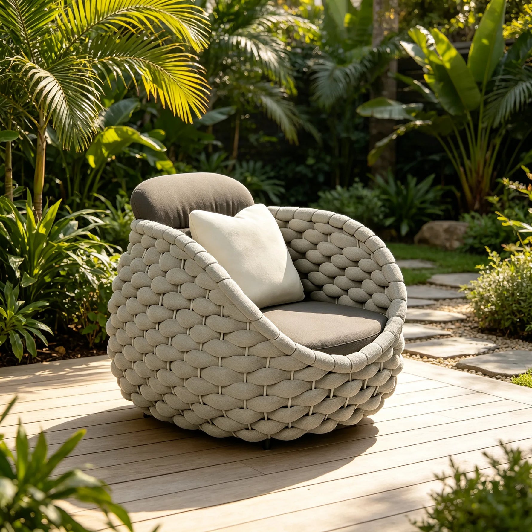 SOLARA Modern Outdoor Lounge Chair Hand-Woven Thick Rope 2.0mm Aluminium Frame for Patio Balcony Garden - Grey